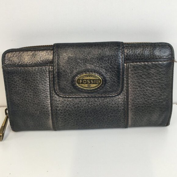 FOSSIL Maddox Zip Around Organizer Gray Metallic Leather Wallet - Picture 1 of 12